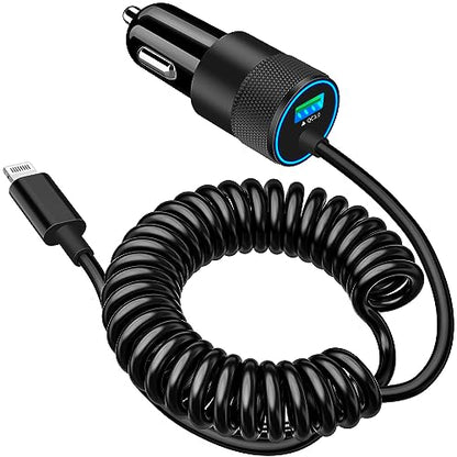 [Apple MFi Certified] iPhone Car Charger Fast Charging, Braveridge 4.8A USB Power Cigarette Lighter Car Carplay Charger Adapter with 6FT Coiled Lightning Cable for iPhone 14 13 12 11 XS XR X 8 SE iPad - size: 6FT