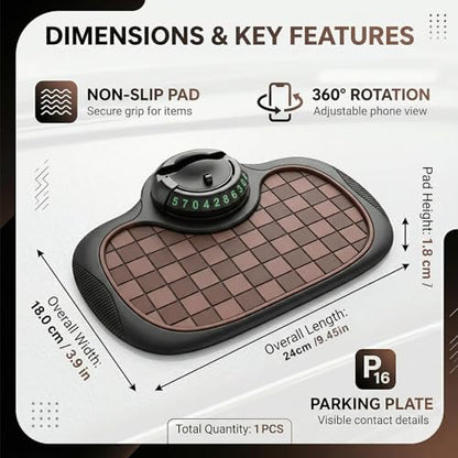 Multifunction Car Anti-Slip Mat,Car Anti Slip Mat Phone Holder For Dashboard,Multifunctional Car Dashboard Phone Holder,With Temporary Parking Numbe For Phone Sunglasses Keys Brown and black square