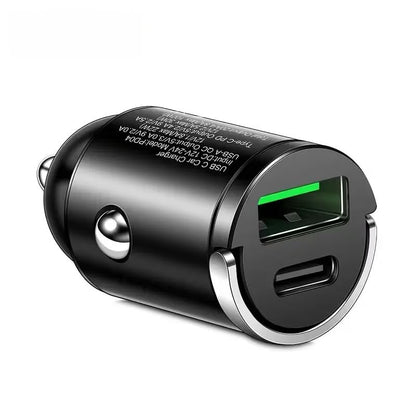 66W Car Fast Charger Dual USB-A USB-C Mini Metal Ring Design Stable Power Protection for Smartphones GPS Tachographs, Black - color: Black