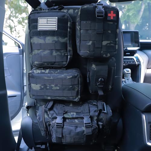 Universal Tactical Car Seat Back Organizer Bag Tactical Molle Vehicle Organizers Panel Vehicle Protector Organizers with 5 Detachable Pouches for Car Truck Ford Jeep (Black camo) - color: Black camo