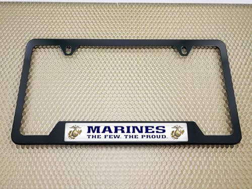 [Officially Licensed USMC Product] - Stainless Steel Black CAR 2-Hole Standard Size - Domed Custom-Made Corrosion-Resistant License Plate Frame with US Marines. The Few The Proud & Free caps -(Qty:1) - size: Marines - Style 2