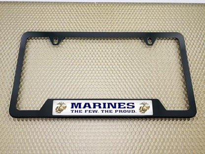 [Officially Licensed USMC Product] - Stainless Steel Black CAR 2-Hole Standard Size - Domed Custom-Made Corrosion-Resistant License Plate Frame with US Marines. The Few The Proud & Free caps -(Qty:1) - size: Marines - Style 2