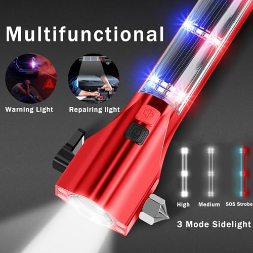 Car Glass Breaker Hammer with Flashlight, Multi-Function Rechargeable Emergency Escape tools with Window Breaker and Seatbelt Cutters,Bright Solar Torch， RescueAlarm Rescue, Strobe SOS Beacon - color: Red Metallic