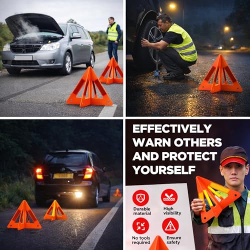 Safety Triangles for Vehicles, 6 Set Emergency Warning Reflective Triangles, Modular Two-Piece Design, High Visibility Roadside Safety Triangles for Car, Truck, SUV