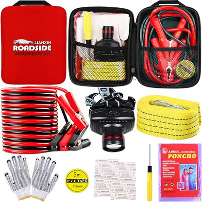LIANXIN Car Roadside Emergency Kit, with Jumper Cables Automotive Kit,Car Safety Roadside Assistance Kit Headlamp,Tow Straps,Screwdrivers, Rainwear, Gloves.Red - color: Red