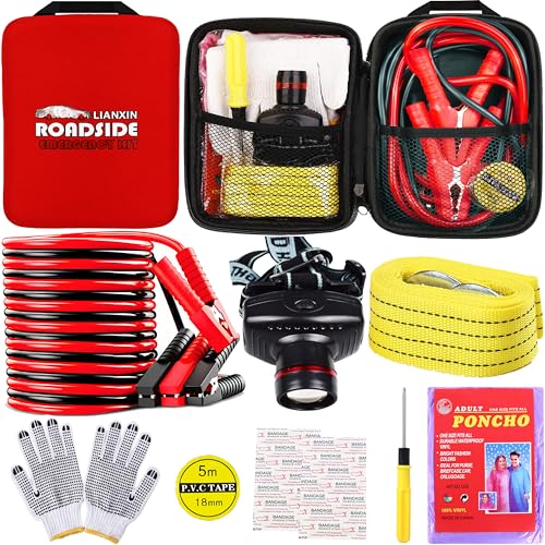 LIANXIN Car Roadside Emergency Kit, with Jumper Cables Automotive Kit,Car Safety Roadside Assistance Kit Headlamp,Tow Straps,Screwdrivers, Rainwear, Gloves.Red - color: Red