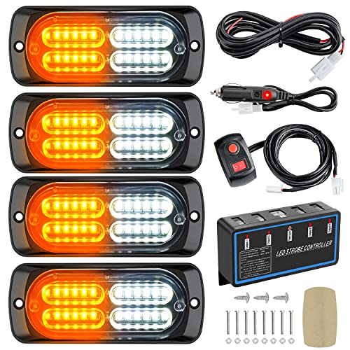 Nilight 4PCS LED Strobe lights 12V Sync Feature Amber White 24LED Emergency Hazard Warning Lights with Controller Hard Wire or Cigarette Lighter Plug for Car Truck RVs Campers - color: Amber White w/Controller