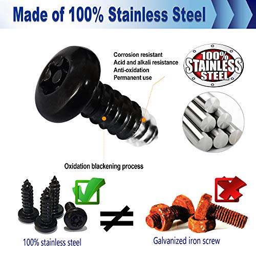 AOOTF Black Anti Theft License Plate Screws - Stainless Steel Mounting Hardware Kit for Front/Rear, M6 Security Screws, Caps, Plug-in Fasteners, Rattle Proof Pads - color: Self Tapping Screws-Black