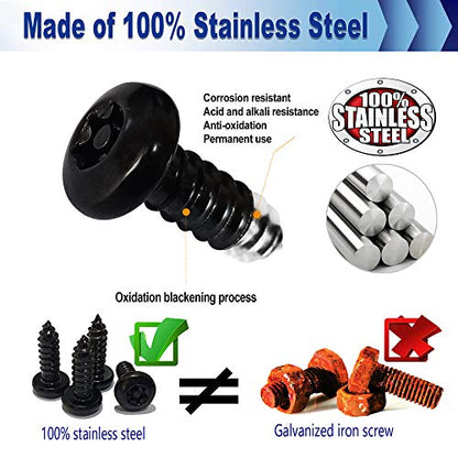 AOOTF Black Anti Theft License Plate Screws - Stainless Steel Mounting Hardware Kit for Front/Rear, M6 Security Screws, Caps, Plug-in Fasteners, Rattle Proof Pads - color: Self Tapping Screws-Black