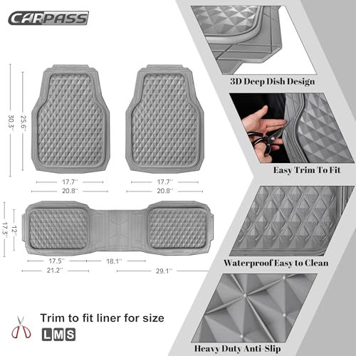 CAR PASS Heavy Duty Rubber Car Mats, Gray Deep Dish All-Weather Car Floor Mat Full Set Durable Anti-Slip 3D Rhombus Waterproof Trim Fit Liner Universal Fit Automotive,Sedan,SUV,Truck, 3 Pcs Light Gray - color: Slate Gray