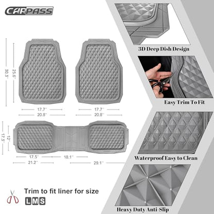 CAR PASS Heavy Duty Rubber Car Mats, Gray Deep Dish All-Weather Car Floor Mat Full Set Durable Anti-Slip 3D Rhombus Waterproof Trim Fit Liner Universal Fit Automotive,Sedan,SUV,Truck, 3 Pcs Light Gray - color: Slate Gray