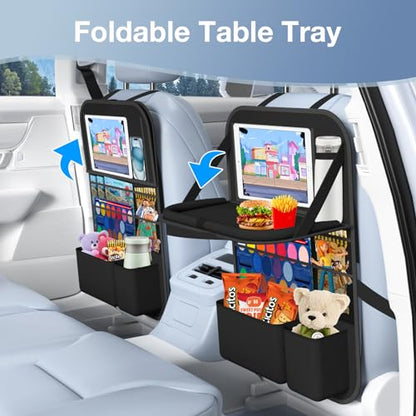Car Backseat Organizer with table Tray, 9 Storage Pockets Backseat Car Organizer with Tablet Holder, Back seat Organizer for Kids Road Trip Essentials Travel (1Pack) - style: 1Pack with Food Tray-Black