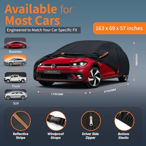 Waterproof Car Cover All-Weather, Heavy-Duty Outdoor Full Exterior Automobiles Snow Cover for Hatchback up to 163 inch with Sun Visor,Zippered & Storage Bag - Black - size: Fit Hatchback Length up to 163 inch(2M)