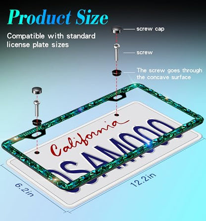 Rhinestone License Plate Frame 2 Pack for Women Bedazzled Diamond License Plate Holder Cover with High End Ribbon Gift Box - color: CPJ-02-green 2