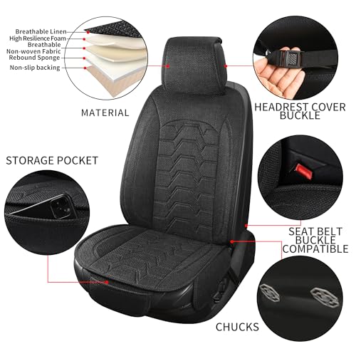 Linen Car Seat Covers Breathable Cloth Fabric Front Seat Protectors Automotive seat Covers Universal Fit for Most Cars Vans SUVs and Trucks（Black，2PCS） - color: BLACK