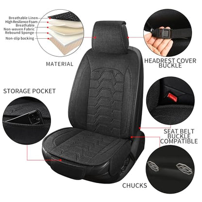 Linen Car Seat Covers Breathable Cloth Fabric Front Seat Protectors Automotive seat Covers Universal Fit for Most Cars Vans SUVs and Trucks（Black，2PCS） - color: BLACK
