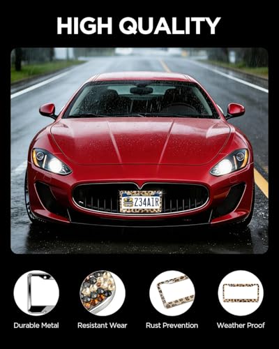 Leopard License Plate Frame 2 Pcs, Stylish Handcraft Rhinestone Diamond & Aluminum Chrome Body, Standard Durable Bling License Plate Frames Covers for Women, 4 Crystal Caps with Screw