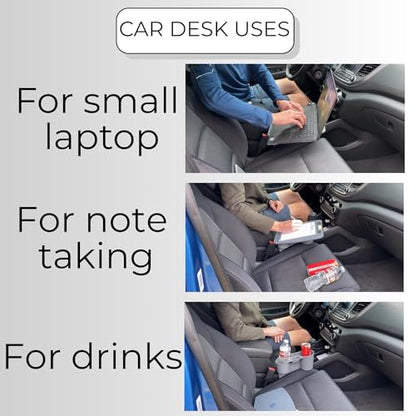 Portable Car Desk with Removable Clipboard - Fits Passenger Seat - for Laptop - Travel Desk with Drink Holder, Mobile Vehicle Desk for Professionals & Commuters, Adjustable 11.5" D x 8.5" W x 11" H