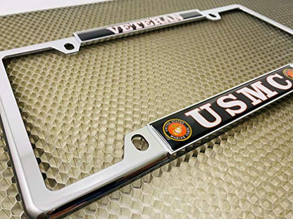 [Officially Licensed US Marine Corps Product] - USMC Veteran - Domed Custom-Made Personalized Narrow (Thin) Top 4 Hole Metal Car License Plate Frame with Free caps - Chrome Frame (Qty: 1) - color: Chrome - Style 1