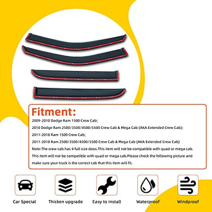 Window Visor Rain Guards Compatible with 2009-2023 Dodge Ram 1500, 2010-2024 Dodge Ram 2500/3500 Crew Cab & Mega Cab Wind Deflector Vent Visors for Trucks Accessories Tape-On 4 Pieces - size: for 2009-2023 Dodge Crew/Mega Cab