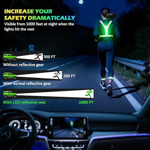 Led Light Up Running Vest Reflective Vest for runners night walking, Rechargeable Reflective Running Vest High Visibility - color: Green