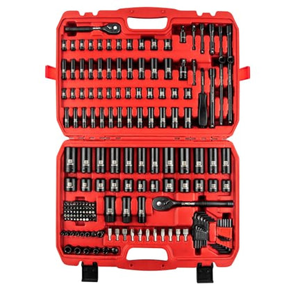 LLNDEI 1/4 & 3/8 Inch Drive Impact Socket Set, 186 Pieces Metric and Standard Full Sockets, CR-V Deep & Shallow Sockets Tool Set with Ratchet Wrench Handle, Spark Plug Socket, Bits for Mechanic - size: 186-Piece 1/4" & 3/8" Drive Socket Set