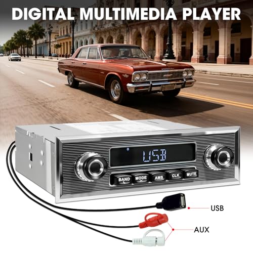 Retro Car Radio Receiver with Bluetooth: Single Din Vintage Stereo for Classic Vehicles - AM FM USB AUX Preset EQ Subwoofer Output