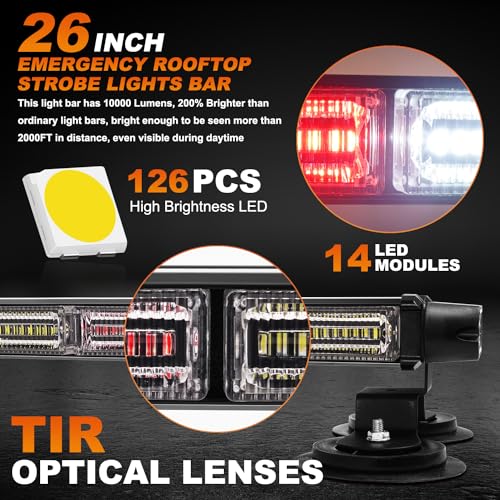 ASPL 26inch 126 LED Rooftop Emergency Strobe Lights Bar Double Side Flashing Safety Warning Traffic Advisor Light Bar Hazard Snow Plow Light for Work Trucks Vehicles Construction Tow Pickup(Red/White) - color: Red/White