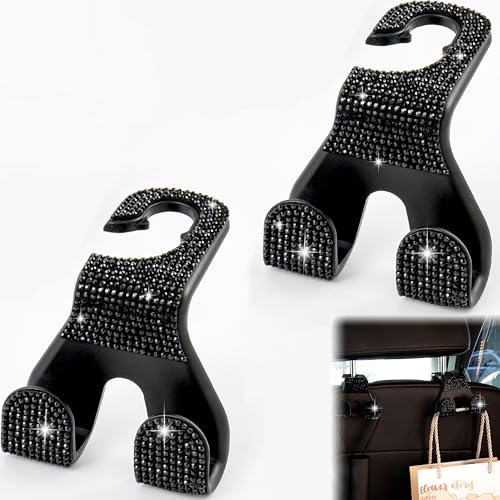 Bling Car Purse Hooks 2Pcs, Durable Car Headrest Hook, Holds 44Lbs, Double-Hooks, Wide-Opening, Rhinestone Automobile Purse Hangers Holder, Bling Car Accessories for Women, Black - color: Bling Black