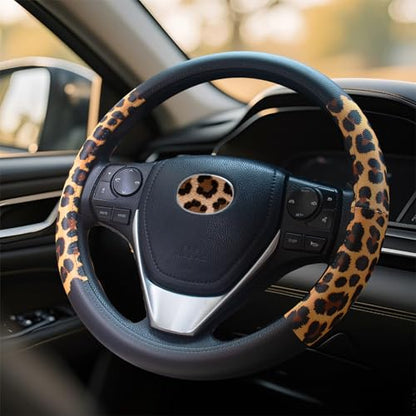 Universal Leather Leopard Cheetah Steering Wheel Cover Women 14.5-15 inch Leopard car Accessories Western Anime Brown Cute Wheel Cover Hip Hop Anti-Slip Car Protecter for Men - color: Leopard Print-SC