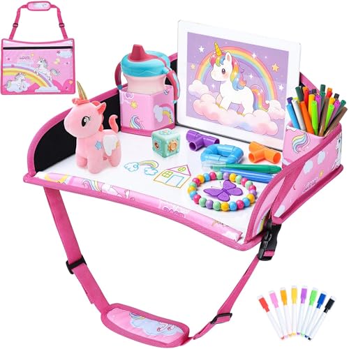 Kids Travel Tray for Toddler Carseat, Road Trip Activities Essentials, Kids Lap Desk Tray with Tablet Holder Stand and Dry Erase Board, Pink Unicorn - color: Pink Unicorn