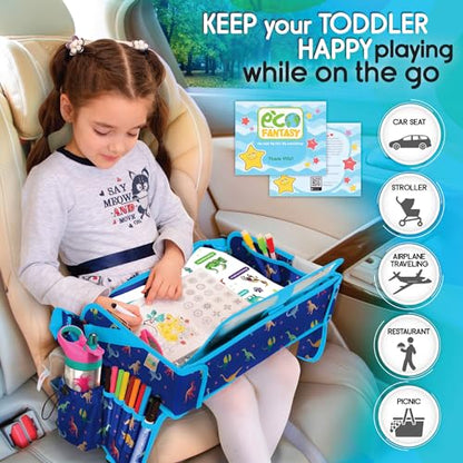 Kids Travel Tray - Waterproof Car Table with No-Drop Large Tablet Holder - Car Seat Tray - Road Trip Must Haves - Lap Desk Kids Organizer for Airplane - Toddler Travel Activities (Blue) - color: DINOSAUR