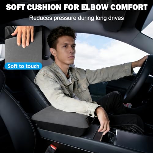 Center Console Armrest Cover with Hidden Storage for Tesla Model Y Juniper 2026 & Model 3 Highland 2024-2026 Soft Padded Elbow Support Pull-Out Organizer Tray Non-Slip Interior Accessories