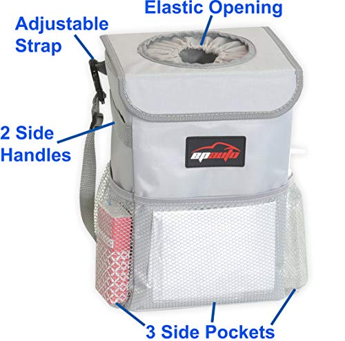 EPAuto Waterproof Car Trash Can with Lid and Storage Pockets, 2.5 Gallon Leakproof, Gray - color: Grey
