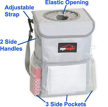 EPAuto Waterproof Car Trash Can with Lid and Storage Pockets, 2.5 Gallon Leakproof, Gray - color: Grey