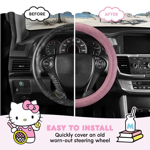 Sanrio Hello Kitty Pink Car Steering Wheel Cover, Universal Fit Cute Car Accessories for Women Stylish Decor Gifts Hello Kitty Accessories - Fits Standard Wheels 14.5"-15" - style: Hello Kitty Pink