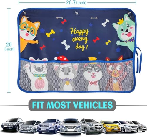 DIZA100 2 Pack Car Window Shade for Baby, Blackout Car Sun Shades with Storage Pockets, 7 Suction Cups, Blue, Cute Patterns for Sun/Heat/UV Rays Protection, Standard Passenger Cars - color: Blue-Cute Dogs 2PC