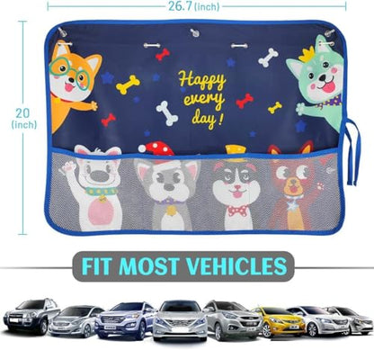 DIZA100 2 Pack Car Window Shade for Baby, Blackout Car Sun Shades with Storage Pockets, 7 Suction Cups, Blue, Cute Patterns for Sun/Heat/UV Rays Protection, Standard Passenger Cars - color: Blue-Cute Dogs 2PC