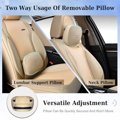 Coverado Seat Covers, Car Seat Covers Front Seats, Waterproof Nappa Leather Auto Seat Cover with Lumbar Head Pillow, Beige Seat Covers Carseat Cover Universal Fit for Most Cars - color: Beige（Pillow）, size: Front
