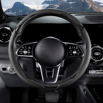 Car Steering Wheel Cover Leather Snap On 3Pcs Set Non-Slip Protector Wrap Steering Wheel Accessories 14.5-15 inch Universal Black - color: Black A