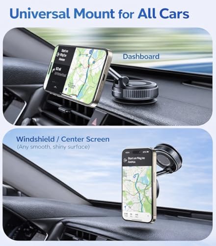 Magnetic Phone Car Mount with Suction Cup Base, 360° Rotation, Dashboard and Windshield Holder for iPhone and Android
