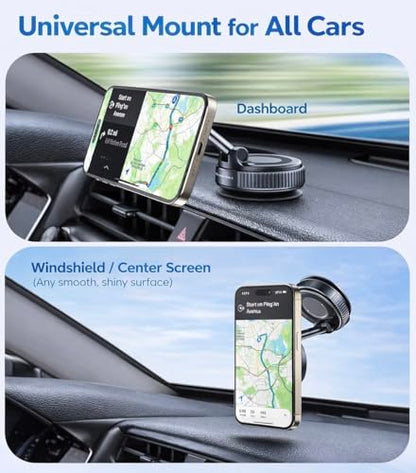 Magnetic Phone Car Mount with Suction Cup Base, 360° Rotation, Dashboard and Windshield Holder for iPhone and Android
