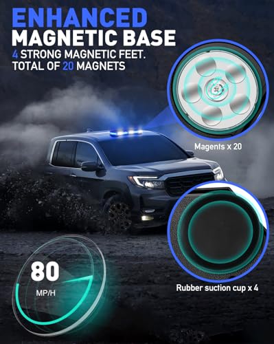 HLauto 406D Rooftop Emergency Strobe Lights Bar, 102 LED Blue White Mini Beacon Safety Flashing Warning Traffic Lights Bar w/Magnetic Base for 12-24V Trucks, Construction Vehicles, Snowplow, Cars - color: Blue/White