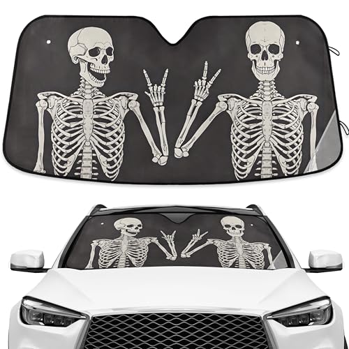 Funny Skull Car Windshield Sunshade - Skeleton Car Shade Skull Sun Shade Black Blocks UV Rays Visor Protector Accordion Folding Sun Reflector Auto Sunshade for Truck SUV to Keep Your Vehicle Cool - color: A01
