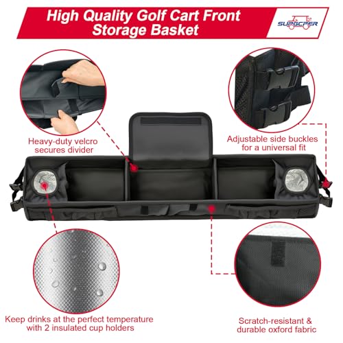 Golf Cart Front Storage Basket, No-Drilling Organizer Tray With Cooling Compartment & Insulated Cup Holders, Universal Storage Tray Fit for EZGO Club Car Yamaha Golf Carts (Black, 1680D Oxford Fabric)