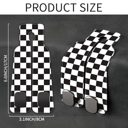 Car Headrest Purse Hanger Black and White Checkered 1 Pack Bag Purse Holder for Car Premium Leather Double Metal Hook for Handbags, Grocery Bags and Phones - color: Black and white checkered