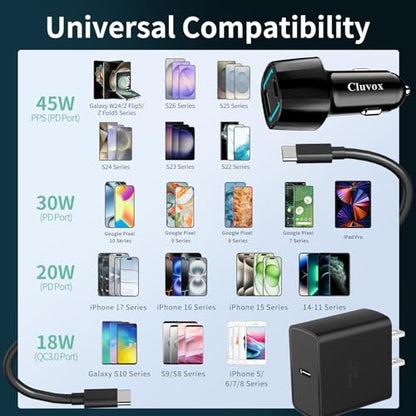 45W Super Fast USB C Car Charger and Wall Charger Block for Samsung S26/S25 Ultra/Plus/S24/S23/S22/Note 20/W25, iPhone 17 Pro Max, Galaxy Tab S10+/S9 PPS Type C Fast Charging with 2 Pack 6.6ft Cable
