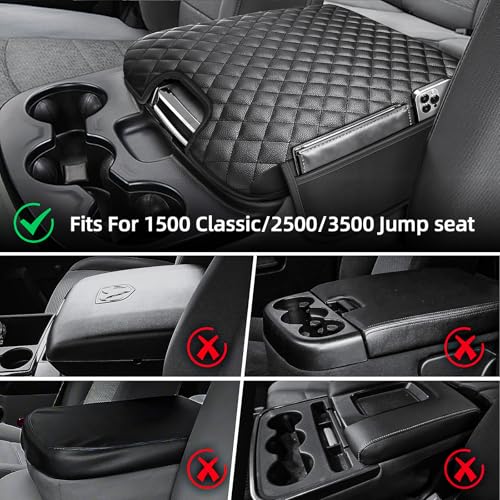 Center Console Cover Fit for 2013-2018 Dodge Ram 1500 & 2013-2024 Ram 2500/3500/1500 Classic Model for Jump Seat Console, Comfortable Armrest Pad, Middle Console Cover with 2 Side Pockets - style: A: Jump Seat Console 2013-2018 Ram Black Leather（with 2 Si