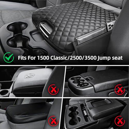 Center Console Cover Fit for 2013-2018 Dodge Ram 1500 & 2013-2024 Ram 2500/3500/1500 Classic Model for Jump Seat Console, Comfortable Armrest Pad, Middle Console Cover with 2 Side Pockets - style: A: Jump Seat Console 2013-2018 Ram Black Leather（with 2 Si