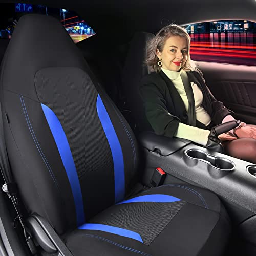 CAR PASS Bucket Car Seat Cover, Breathable 3D Air Mesh-100% Sporty Fabric Front Seats, Airbag Compatible, Universal Fit Auto SUV Truck Sedan Vans Women, High Back Two Front 2 Piece, Black Blue - color: Black Blue, size: Two Front Seats